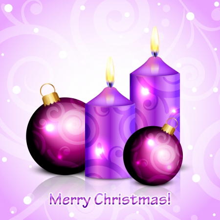 Vector Merry Christmas purple background with candles and decorationsのイラスト素材
