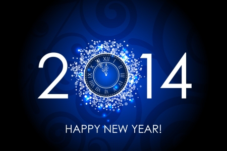 Vector 2014 Happy New Year blue background with clockのイラスト素材