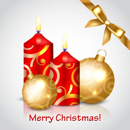 Vector Merry Christmas background with red candles and gold bowのイラスト素材