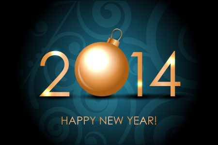 Vector 2014 Happy New Year blue background with gold christmas baubleのイラスト素材
