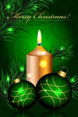 Vector Merry Christmas green background with baubles and candleのイラスト素材