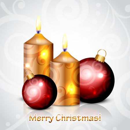 Vector Merry Christmas background with candles and red baublesのイラスト素材