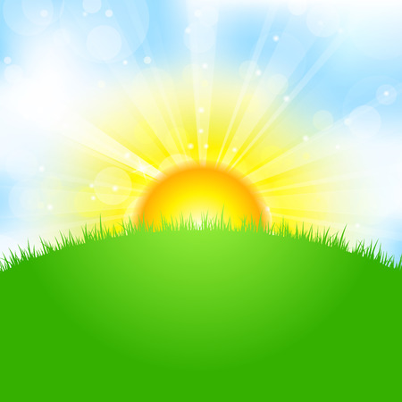 Vector illustration of sun, sky and grassのイラスト素材