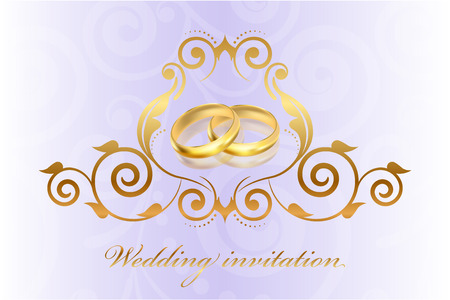 Vector purple wedding invitation with gold ringsのイラスト素材