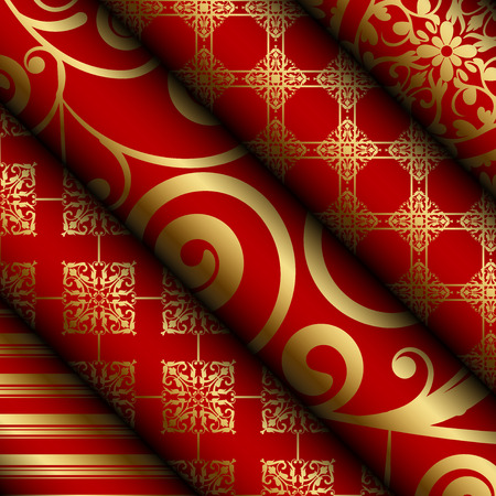 Vector illustration of red fabric / paper rolls with gold decorationsのイラスト素材