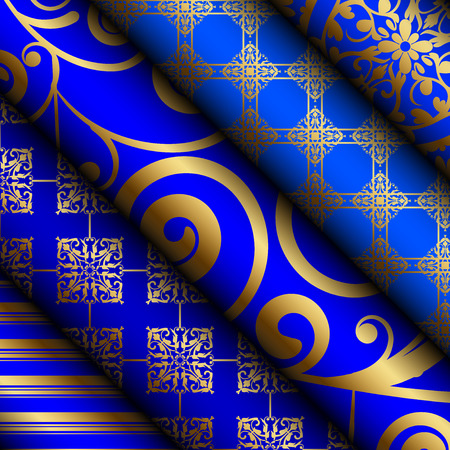 Vector illustration of blue fabric / paper rolls with gold decorationsのイラスト素材