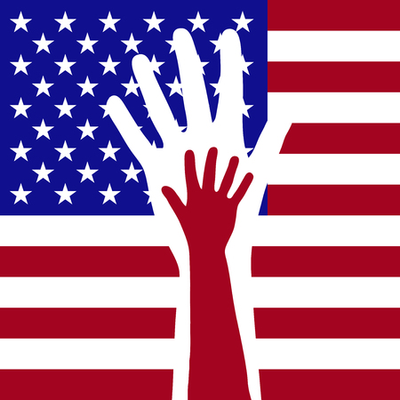 Vector illustration of big and small hands on USA flag backgroundの写真素材