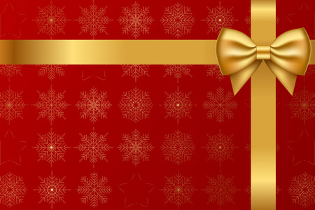 Vector red background with snowflakes pattern and gold bowのイラスト素材