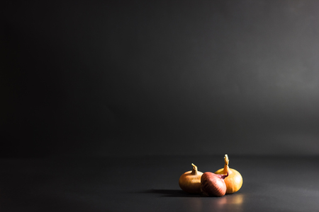 three small onions lie on a black backgroundの写真素材