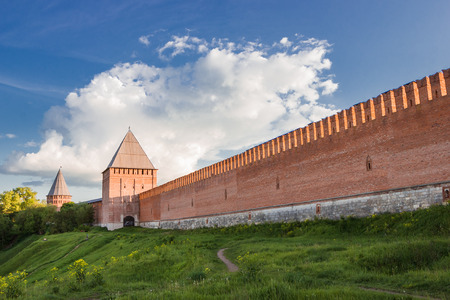 Russia, Smolensk. 26 May 2016. The ancient city wall in the evening sunlight.のeditorial素材