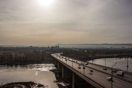 View of the city and the embankment of the Yenisei River in Krasnoyarsk, Siberia, Russiaのeditorial素材