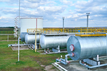 Oil containers stand in the field on a cloudy day
