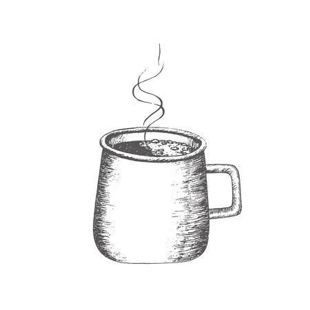 Cup of cocoa silhouette and outline vector with steam. Graphics illustration. Cacao on wrapping paper, bags, dishes, New Year's textiles, decor, tableware, gift, stickers, photobook. Isolated vector.のイラスト素材