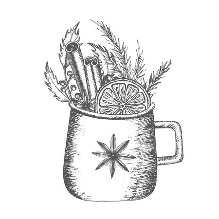 Composition with Cup of cacao silhouette with mandarin, cinnamon, anis, holly. Graphics illustration. Composition on wrapping paper, dishes, New Year's textiles, stickers. Isolated outline vector eps.のイラスト素材