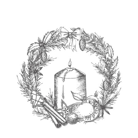 Christmas wreath made of fir branches and holly with a burning candle in the middle and cookies, mandarin, cinnamon, anis in a circle. Graphics illustration. For Christmas textiles and print products.のイラスト素材