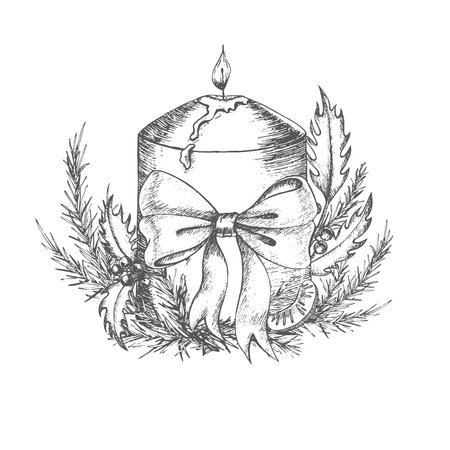 Composition with Christmas burning candle tied with a bow, and with spruce and holly branches on the sides with mandarin.. Graphics illustration. Can use on Wrapping paper, New Year's textiles, gifts.のイラスト素材