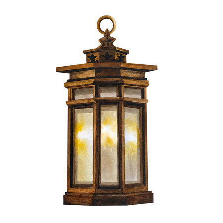 Street vintage lantern with yellow light inside watercolor illustration isolated on white background. Bronze tall Halloween lantern drawing for Gothic compositions and design. Esoteric retro element.の写真素材