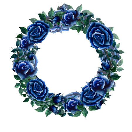 Floral wreath with blue roses and leaves painted in watercolor. Hand drawn illustration frames with flower and foliage isolate on white background. Botanical picture used for designの写真素材