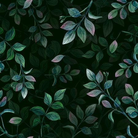 Seamless pattern with leaves. Watercolor illustration on black background. Ornament for textile, wrapping paper, web design, phone cover, and shopping bags.の写真素材