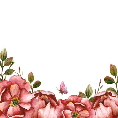 Frame with peonies and leaves and little butterfly. Watercolor illustration on the white background. Spring flowers for wedding or birthday invitation, March 8, Mother's Day, Daughの写真素材