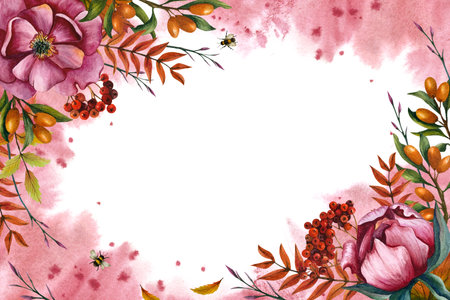 Bright floral arrangement. Rectangular frame with peonies and berries. Hand drawn illustration on isolated background with watercolor pink spot. For greeting card, postcard templateの写真素材
