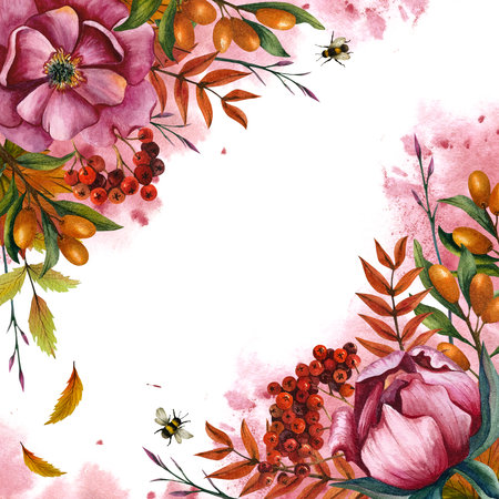 Square frame with bright floral arrangement. Hand drawn illustration peonies and berries on isolated background with watercolor spot. Bouquet for greeting card, postcard template aの写真素材