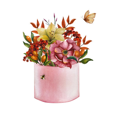 Floral bouquet in a gift box. Watercolor illustration with flowers, leaves, berries and insects on isolated background. For greeting cards and invitations, postcards on March 8, anの写真素材