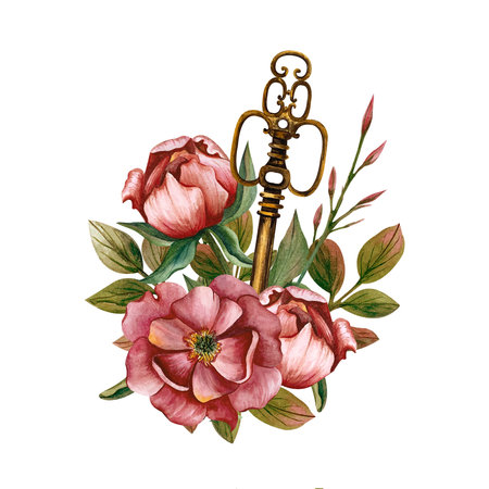 Peonies, leaves and vintage key. Watercolor illustration isolated from the background. Hand drawn composition for postcards and invitations for Mother's Day, b-day, wedding day, Maの写真素材