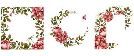 Set of floral spring postcards with empty space inside. Watercolor illustration isolated from the background. Peonies, leaves, butterfly and dragonfly for March 8 or template for wedding invitation.の写真素材