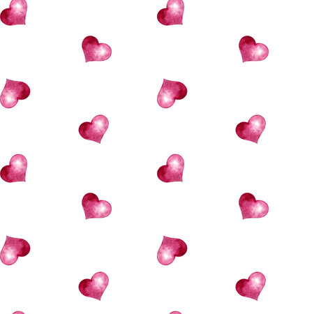 Little pink hearts in seamless pattern. Watercolor illustration on isolated background. Valentine's Day or International Women's Day, Birthday. Hand drawn pic for paper, textile and print product.の写真素材