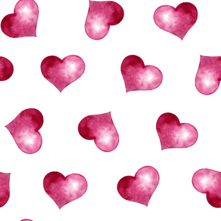 Seamless pattern with voluminous pink hearts. Watercolor illustration on isolated background for Valentine's Day or International Women's Day. Hand drawn hearts for packing, boxes and print product.の写真素材