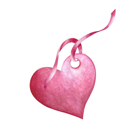 Paper tag in the shape of a heart with pink ribbons. Watercolor illustration on isolated background. Template are used for gift boxes and flower bouquets for Mother's Day and Valentine's Day, March 8.の写真素材