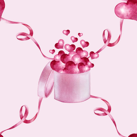 Seamless pattern with gift box and hearts flying out. Watercolor illustration on light pink background. Valentine's Day, March 8 or Wedding. Hand drawn ornament for greeting cards and invitations.の写真素材