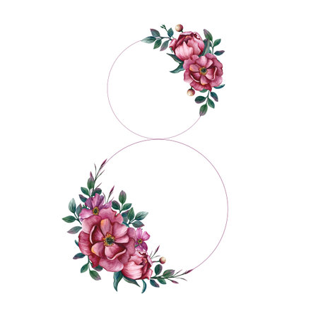 Watercolor flowers for March 8. Hand drawn nice number 8 illustration isolated from the background for greeting card for Happy women day or Children girly Birthday. Pink peonies and around the circle.の写真素材