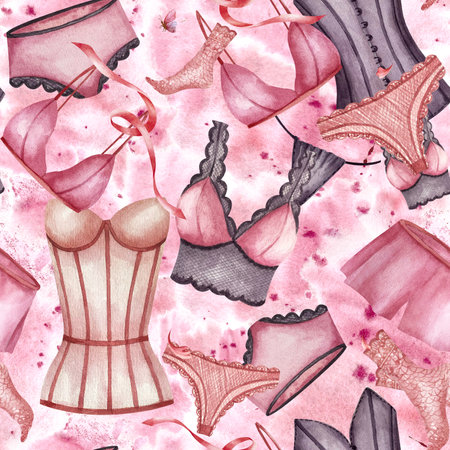 Seamless pattern women underwear, lace socks, Corset and pyjamas, panties. Illustration isolated on pink watercolor spot background. For wrapping paper, packaging in lingerie store, business cardの写真素材