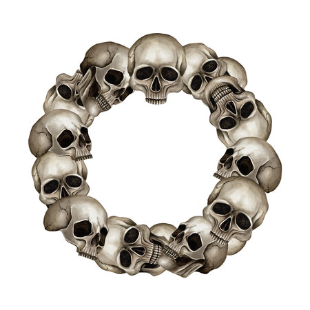 Frame with skulls. Watercolor circle illustration isolated from the background. Hand drawn template in Gothic style, Halloween. Perfect for leaflets, postcards, greeting card, information samplesの写真素材