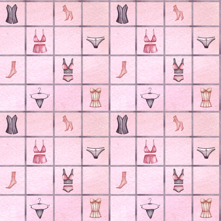 Seamless pattern with women underwear in sections on watercolor pink background. Purple lines illustration. For wrapping paper, packaging in lingerie stores, web design, gift bags, print productの写真素材