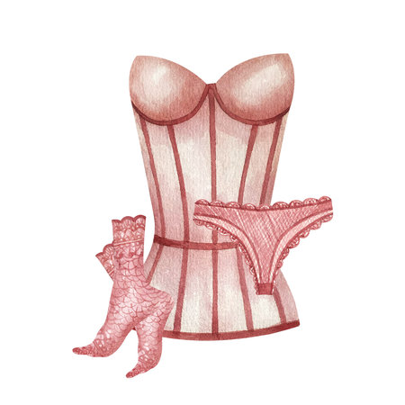 Women corset, pair of socks and lace panties. Underwear composition. Watercolor illustration isolated from background. Pink beige color. Womens underwear for packaging, postcard on feminine holidaysの写真素材