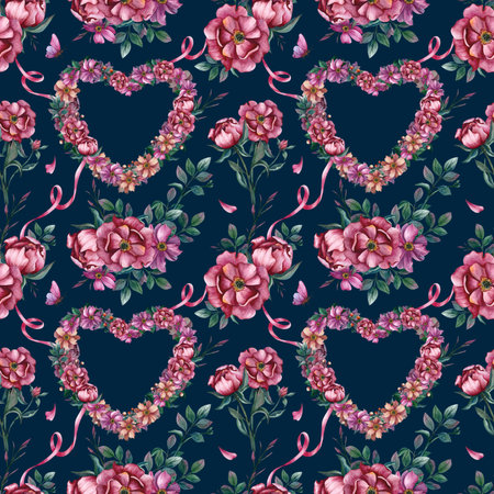 Floral seamless pattern with heart from flowers. Watercolor illustration on dark blue background. Hand drawn ornament for wrapping paper, packaging, scrapbook. International Women Day, Valentine Dayの写真素材