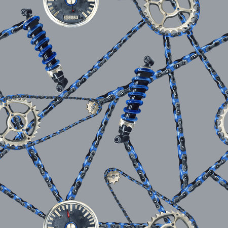 Seamless pattern drive roller chain, shock absorber, speedometer, lines of chain. Watercolor Illustration on grey background. Moto, bike equipment. Print product for motorcycle workshop, packagingの写真素材