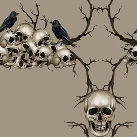 Skulls, black ravens on dry branches seamless pattern. Watercolor Illustration isolated on beige background. Gothic style for Halloween and Day of the Dead Holidays for textile, packaging paperの写真素材