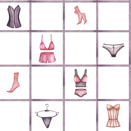 Seamless pattern with lingerie in square sections with purple lines. Watercolor illustration isolated from background. For wrapping paper, packaging in underwear shops, web design, print productの写真素材