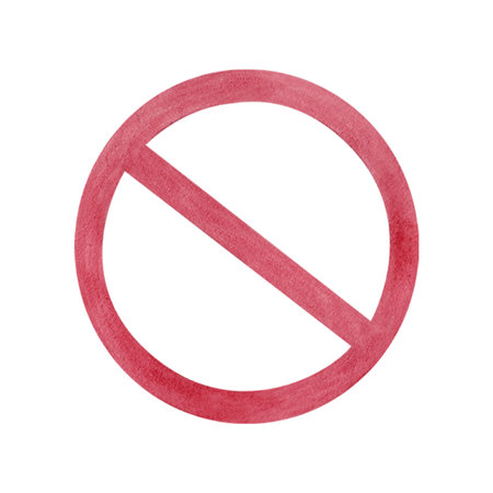 Prohibited red sign, forbidden icon, symbol with transparent background inside. Watercolor illustration. From my collection about environmental protectionの写真素材