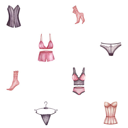 Seamless pattern lingerie women underwear. Corset, socks, pajamas. Watercolor illustration isolated on white background. For wrapping paper, packaging in underwear stores, web design, print productの写真素材