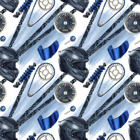 Seamless pattern with helmet, chain, blue visor and speedometer, absorber and motorcycle tire tracks. Biker Moto gear. Watercolor Illustration with blue spot isolated on white. Web design, packagingの写真素材