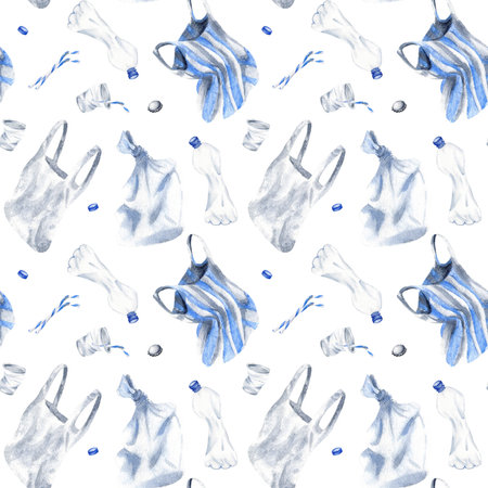 Plastic objects seamless pattern. Watercolor bottle and disposable cups, polythene bags, caps and tin stopper, straw isolated from background for industry design, recycling and pollution web sitesの写真素材