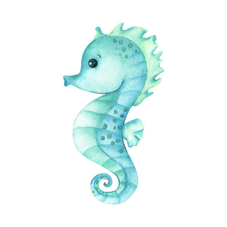 Seahorse watercolor illustration isolated from background. Pastel blue green cute childrens personage sea creature in cartoon style. Marine inhabitant mollusk animated film design for kids postersの写真素材