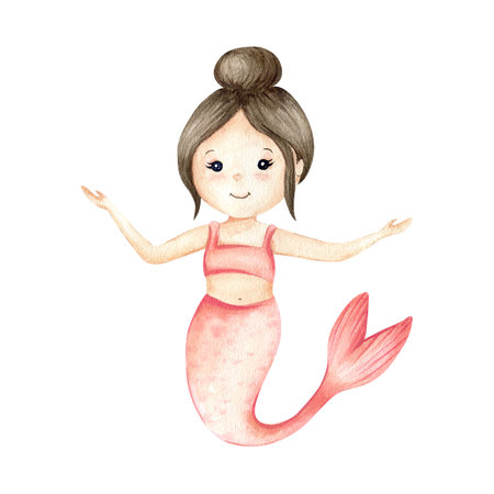 Mermaid cute little girl with updo hairstyle and curved tail. Watercolor illustration in pastel coral pink colors. Hand drawn clip art isolated from background. For design of childrens print productの写真素材