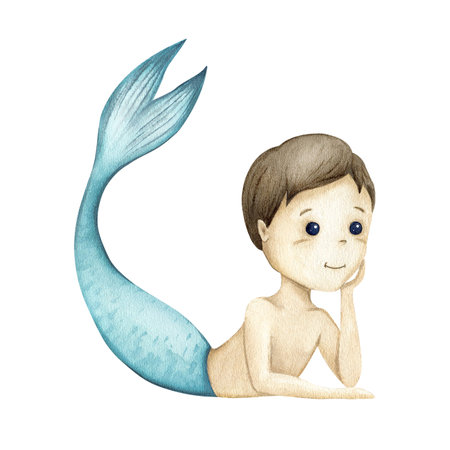 Mermaid boy with curved tail up, hand by face. Watercolor character pastel blue color. Hand drawn illustration isolated from background. For kids posters, invitations to baby shower decoration, cardsの写真素材