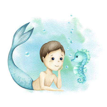 Mermaid little boy, cute seahorse character on blue mint watercolor spot, bubbles. Hand drawn illustration isolated from background. Mollusk for invitations to baby shower, birth of boyの写真素材